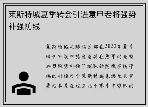 莱斯特城夏季转会引进意甲老将强势补强防线