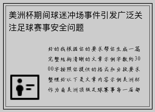 美洲杯期间球迷冲场事件引发广泛关注足球赛事安全问题