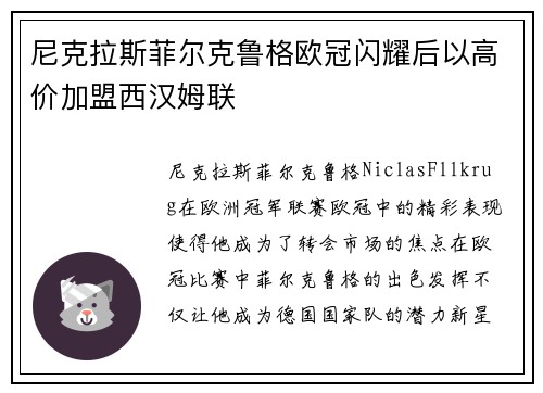 尼克拉斯菲尔克鲁格欧冠闪耀后以高价加盟西汉姆联